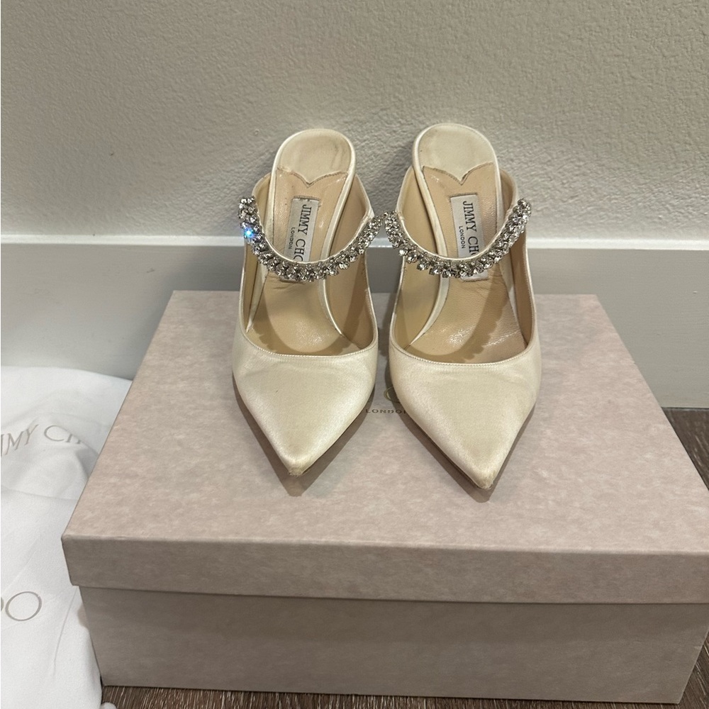 Jimmy Choo Bing 100 Embellished Heels Ivory Satin Size 41